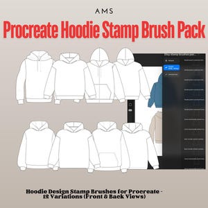 Może przedstawiać: Ilustracja Procreate Hoodie Stamp Brush Pack. Obraz przedstawia wiele białych wzorów bluz z kapturem, widoki z przodu i z tyłu, z czerwonym tekstem "Procreate Hoodie Stamp Brush Pack". Zawiera również tekst "Hoodie Design Stamp Brushes for Procreate - 12 Variations (Front & Back Views)".
