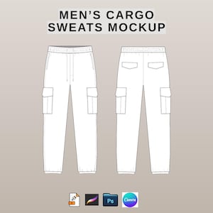 May include: White cargo sweatpants mockup, front and back views, with pockets and a drawstring waist. The text "MEN'S CARGO SWEATS MOCKUP" is at the top. The design is on a light brown background. The image includes icons for design software.