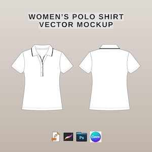 May include: A vector mockup of a white polo shirt with black trim on the collar and placket. The front and back views are displayed. The text "WOMEN'S POLO SHIRT VECTOR MOCKUP" is at the top.