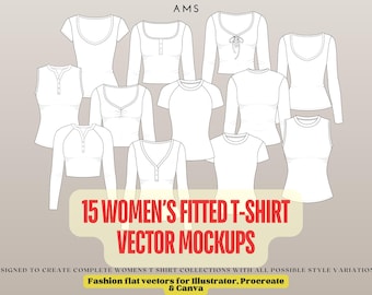 Women's Fitted T-Shirt Vector Mockups – 15 Tech Pack Flats (Digital Download)