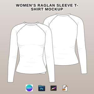 May include: A white long-sleeve raglan t-shirt mockup showing front and back views with a round neckline and diagonal shoulder seams. The text at the top reads WOMEN'S RAGLAN SLEEVE T-SHIRT MOCKUP. Four small software icons are displayed at the bottom.