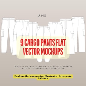 May include: A graphic illustration of nine white cargo pants flat vector mockups. The text "9 CARGO PANTS FLAT VECTOR MOCKUPS" is displayed in red. Additional text reads "DESIGNED TO CREATE COMPLETE PANTS COLLECTIONS WITH ALL POSSIBLE STYLE VARIATIONS."
