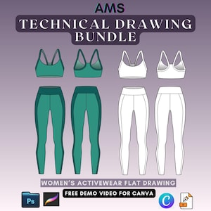 Women&#39;s Activewear Technical Flat Drawings: Sports Bra & Leggings (Illustrator, PNG)
