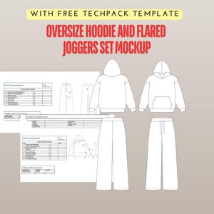 Maqueta de sudadera con capucha y pantalones deportivos, conjunto deportivo, plantilla de paquete tecnológico de pantalones deportivos acampanados.