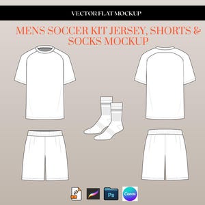 May include: White soccer kit mockup featuring a jersey, shorts, and socks. The jersey has a crew neck and short sleeves. The shorts have an elastic waistband. The socks are white with two stripes at the top. The text "MENS SOCCER KIT JERSEY, SHORTS & SOCKS MOCKUP" is displayed.