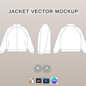 以下が含まれることがあります： 白のジャケットのベクターモックアップ。正面、側面、背面の3つのビューがあります。ジャケットはスタンドカラー、長袖、フロントジッパー付きです。「JACKET VECTOR MOCKUP」のテキストが上部にあります。