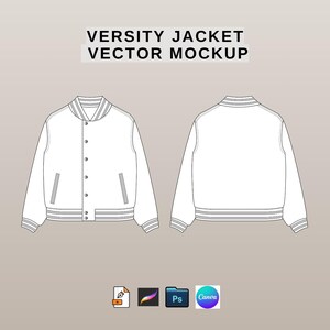 May include: A vector mockup of a white varsity jacket, front and back views, with ribbed cuffs and collar. The jacket has a button-up front and pockets. The text "VERSITY JACKET VECTOR MOCKUP" is at the top. Design software icons are at the bottom.