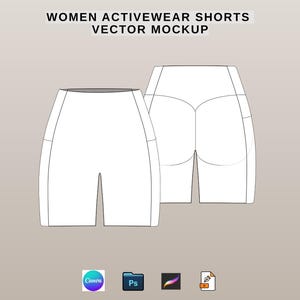 Puede incluir: Un modelo vectorial blanco de pantalones cortos deportivos que muestra vistas frontales y traseras con cintura alta y costuras laterales. El texto en la parte superior dice WOMEN ACTIVEWEAR SHORTS VECTOR MOCKUP, junto a cuatro iconos de software.