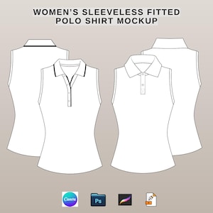 Puede incluir: Una maqueta digital de un polo sin mangas entallado que muestra vistas delanteras y traseras en blanco con detalles de ribete negros. El texto "WOMEN'S SLEEVLESS FITTED POLO SHIRT MOCKUP" aparece arriba, junto a cuatro iconos de software.