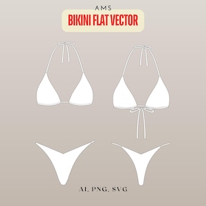 Maqueta de bikini técnica plana, traje de baño vectorial, top de bikini triangular y dibujo de ropa interior.