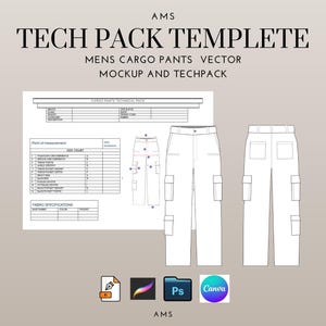 May include: A tech pack template for men's cargo pants. The image features a technical drawing of the pants, along with fabric specifications and measurement details. Includes vector mockup and techpack. The design is in black and white.