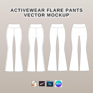 May include: A digital vector mockup of activewear flare pants featuring four views: two front and two back perspectives. The text ACTIVEWEAR FLARE PANTS VECTOR MOCKUP is displayed at the top, with four small software icons at the bottom of the image.