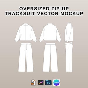 May include: White oversized zip-up tracksuit vector mockup. The design includes a jacket with a high collar and pockets, and wide-leg trousers with a drawstring. The image shows the tracksuit from multiple angles.