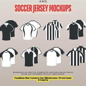 Könnte beinhalten: Eine Sammlung von schwarz-weißen Fußballtrikot-Mockups mit verschiedenen Designs, darunter einfarbige Modelle, Streifen und Raglanärmel. Der Text AMS SOCCER JERSEY MOCKUPS steht oben, ergänzt durch beschreibenden Text am unteren Rand.