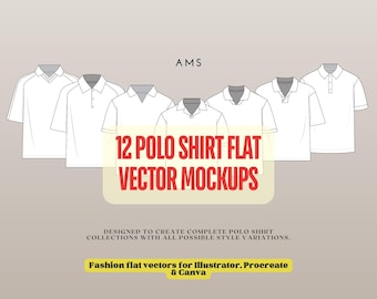 Puede incluir: Ilustración digital con 12 diseños de polos blancos. El texto "12 POLO SHIRT FLAT VECTOR MOCKUPS" es rojo. También incluye el texto "DESIGNED TO CREATE COMPLETE POLO SHIRT COLLECTIONS WITH ALL POSSIBLE STYLE VARIATIONS."