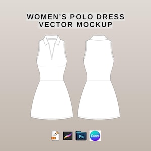 Puede incluir: Una maqueta vectorial de un vestido polo sin mangas, que se muestra desde la vista frontal y posterior. El vestido es blanco con cuello y abertura en pico. El texto "WOMEN'S POLO DRESS VECTOR MOCKUP" está en la parte superior. Iconos de software de diseño en la parte inferior.