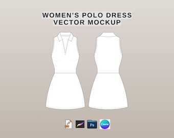 Puede incluir: Una maqueta vectorial de un vestido polo sin mangas, que se muestra desde la vista frontal y posterior. El vestido es blanco con cuello y abertura en pico. El texto "WOMEN'S POLO DRESS VECTOR MOCKUP" está en la parte superior. Iconos de software de diseño en la parte inferior.