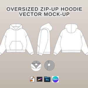 May include: White oversized zip-up hoodie vector mock-up. The image shows the hoodie from three different angles: front, side, and back. The hoodie has a hood, a front pocket, and a zipper. The text "OVERSIZED ZIP-UP HOODIE VECTOR MOCK-UP" is at the top.