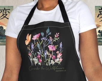 Delantal de acuarela con flores silvestres para mujer. Considere las flores silvestres. Mateo 6:28. Regalo de jardinería para ella. Regalo único de jardinería floral.