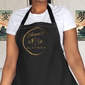 Personalized Black Apron with Name | Custom Kitchen Tool Graphic Apron | Modern Circle Baking & Cooking Gift for Her Him | Housewarming BBQ