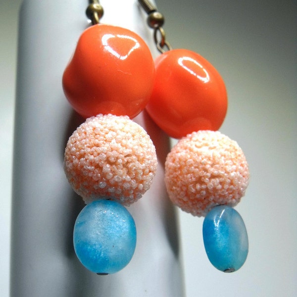 Parade Earrings--Vintage Upcycled Coral Plastic Beads, Amazonite Beads, Mod 60s, Mad Men