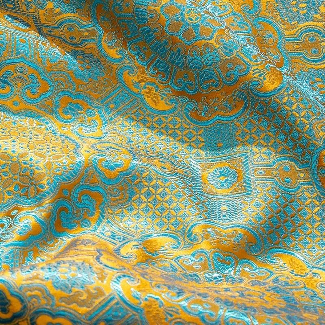 Tibetan Silk Brocade Fabric by the Yard ,blue Gold Jacquard Silk Fabric ...
