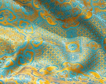 Tela de brocado de seda tibetana cortada a medida, tela de seda jacquard azul y dorada, tela para altar budista, brocado de lujo para costura y vestuario.