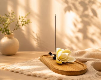 Magnolia Flower Incense Holder, Ceramic Incense Burner with Bamboo Tray, Zen Decor, Meditation Gift, Yoga Room Decor