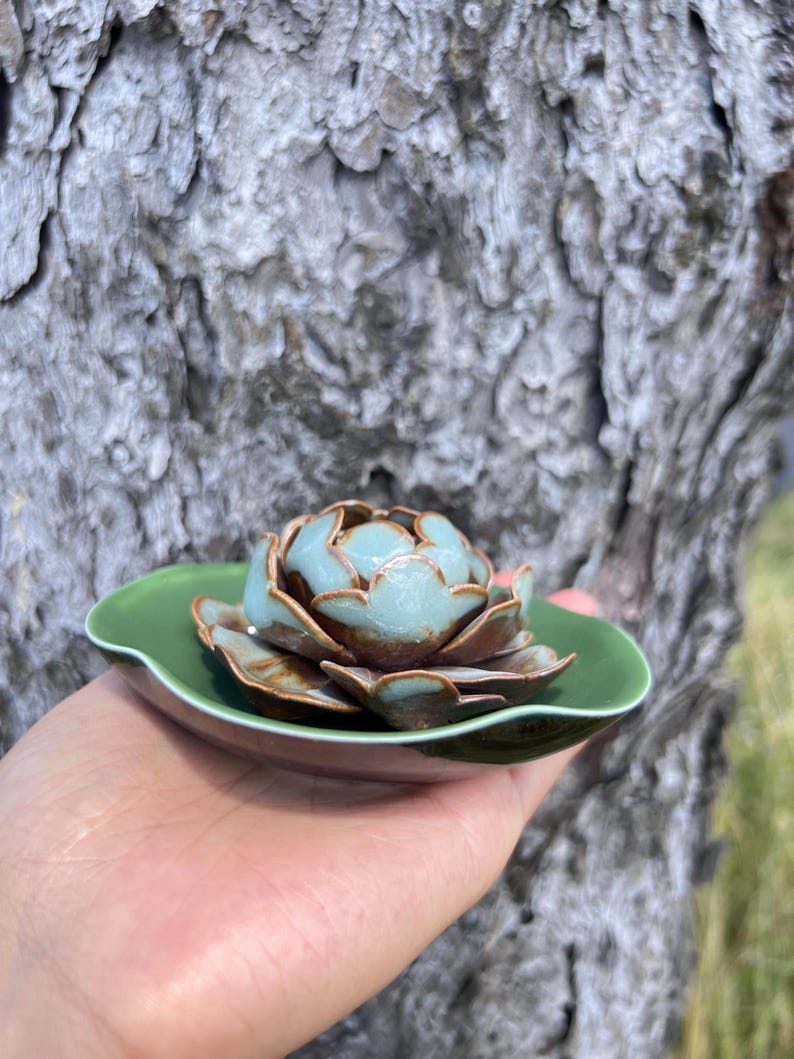 May include: A teal and brown ceramic succulent sculpture on a green, leaf-shaped dish. The handcrafted piece is held in a hand, with a blurred tree trunk in the background. The sculpture is a decorative item for the home.