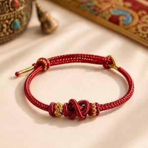 May include: A red cord bracelet featuring a central decorative knot, accented with small gold-toned metal beads and a sliding knot closure mechanism. The bracelet is constructed from a braided red cord with a smooth, uniform texture throughout.