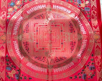 Mantel de altar con mandala tibetano, cubierta de santuario budista de brocado de seda roja, decoración de altar de meditación, textil ritual sagrado, 60 x 60 cm