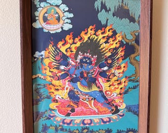 Fudo Myoo Thangka Print | Tibetan Tantric Wrathful Deity Wall Art | Acala with Consort | Vajrayana Buddhist Protector | Je Tsongkhapa
