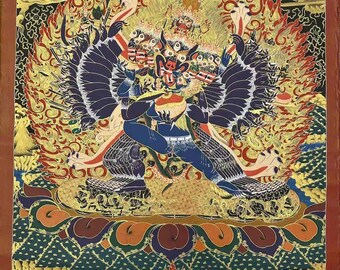 Tantric Double Buddha, Tibetan Thangka of Peaceful Deity – Hand-Painted Style Buddhist Wall Art for Meditation & Home Altar