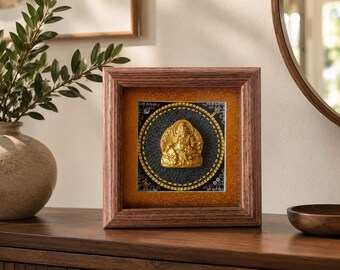 Framed Gold Relief Wall Art, Prosperity Good Luck Decor, Tibetan Tsa Tsa Plaque, Yellow Jambhala, Boho Spiritual Gift