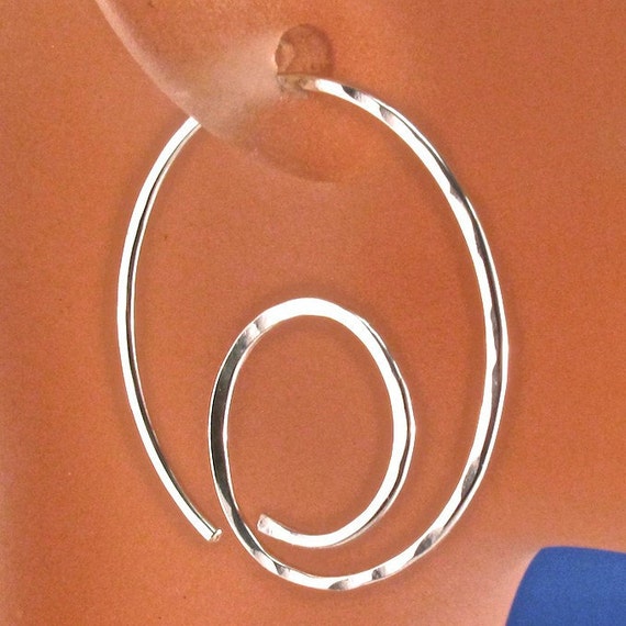 HOOP EARRINGS. STERLING spiral earring . open  silver hoops. hammered modern. simple . nickel free No.00E261