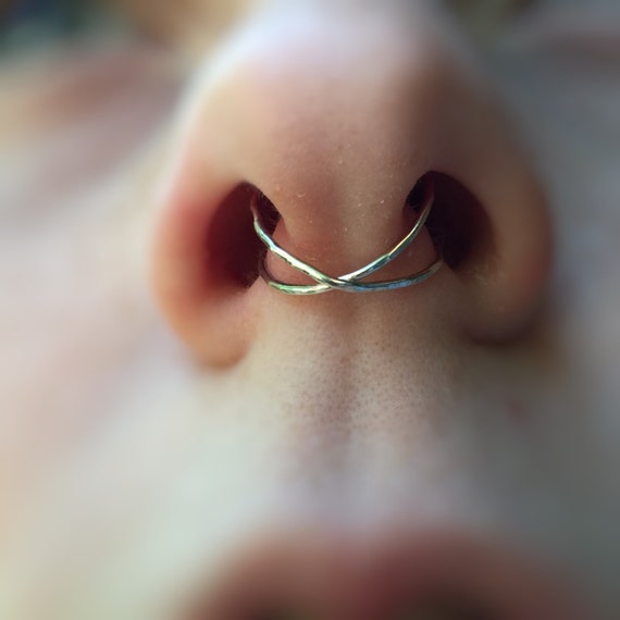 Fake Septum Ring - Sterling Silver Septum Cuff - Faux Septum - Clip on Setpum - Sterling Silver Criss Cross Nose Ring . 18 Gauge