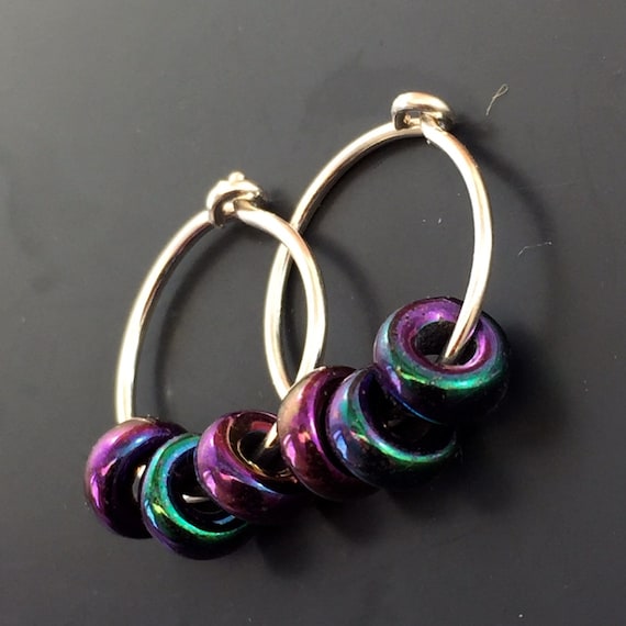 small STERLING hoops / half inch silver sleeper / small earrings / cartilage ring / glass bead / kids jewelry No.00E188