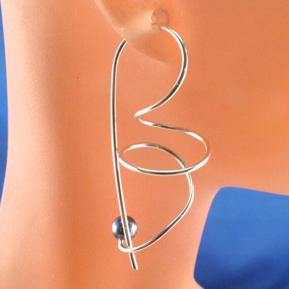 Pearl and STERLING SILVER SPIRAL earrings modern simple contemporary jewellery nickel free No.00E264