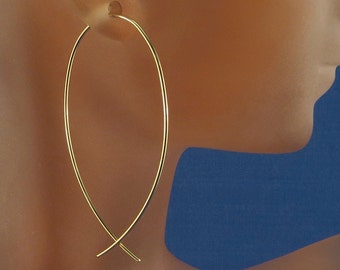 Gold HOOP EARRINGS . Rose Gold Threader Earrings. 2 Inch Earrings. Gold Dangle. Wire Earrings. nickel free No.00E282