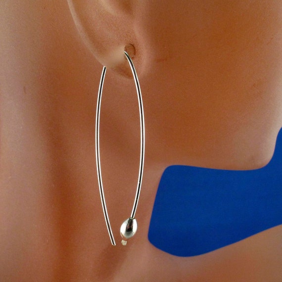 long SILVER EARRINGS . sterling silver beaded hoop. loop. dangle .modern .contemporary. nickel free wire jewelry No.00E75