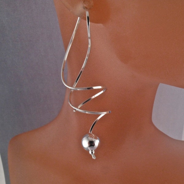 Long Sterling Silver  SPIRAL EARRINGS. lightweight silver dangle. nickel free threader earrings No.00E300