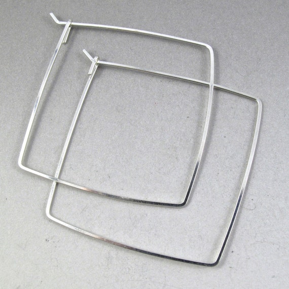 STERLING SILVER SQUARE 2 inch hoop wire earrings art deco modern minimal contemporary large nickel free No.00E106