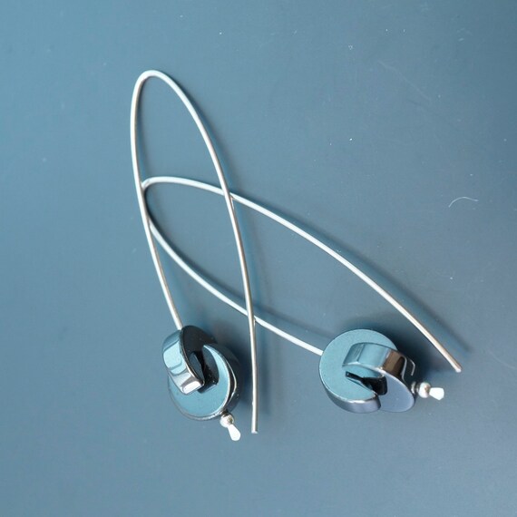 Hematite earrings / sterling silver Loop / hoop earrings / 2 inch / modern contemporary / argentium earrings -NO.00E71