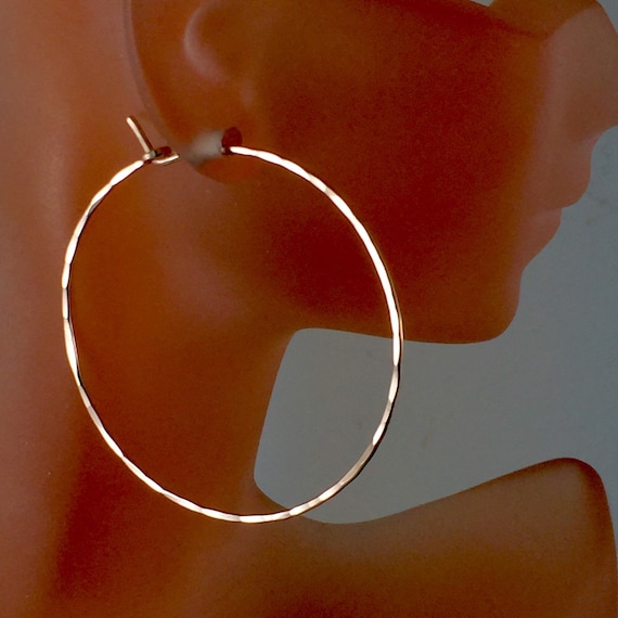 18g  GOLD Hoops. Large Rose Gold Hoops. Hammered Hoops.  CecileStewartJewelry. 18 Gauge Wire . Choose Metal No.00E133