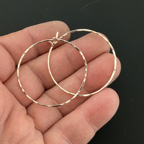 18g  GOLD Hoops. Large Rose Gold Hoops. Hammered Hoops.  CecileStewartJewelry. 18 Gauge Wire . Choose Metal No.00E133