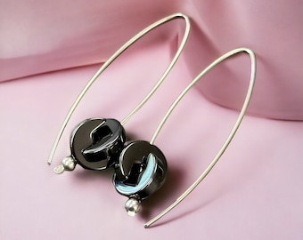 Hematite earrings /  sterling silver Loop / hoop earrings / 2 inch / modern contemporary / argentium earrings  -NO.00E71