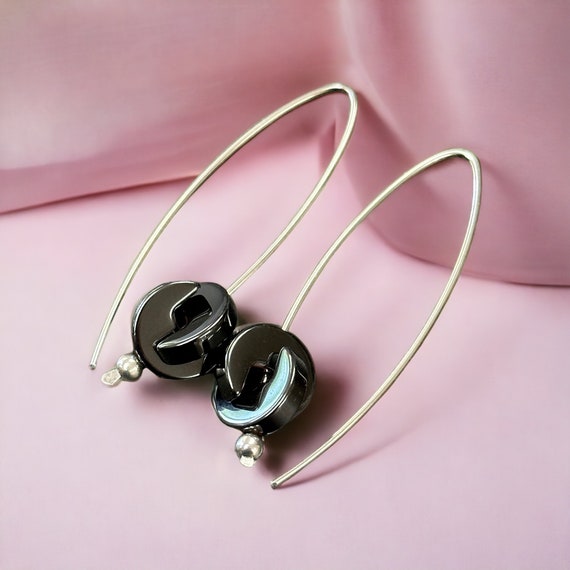 Hematite earrings /  sterling silver Loop / hoop earrings / 2 inch / modern contemporary / argentium earrings  -NO.00E71