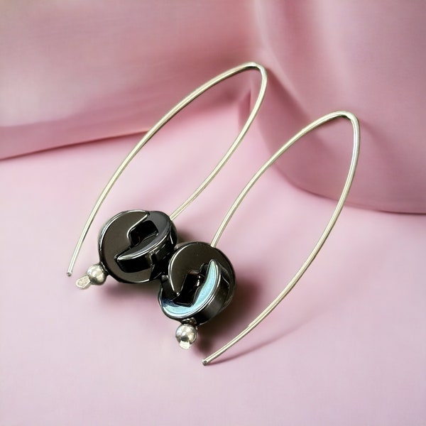 Hematite earrings /  sterling silver Loop / hoop earrings / 2 inch / modern contemporary / argentium earrings  -NO.00E71