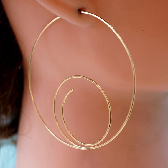 large GOLD Hoop earrings / spiral hoop. 3 inch hoop / wire nickel free No.00E207