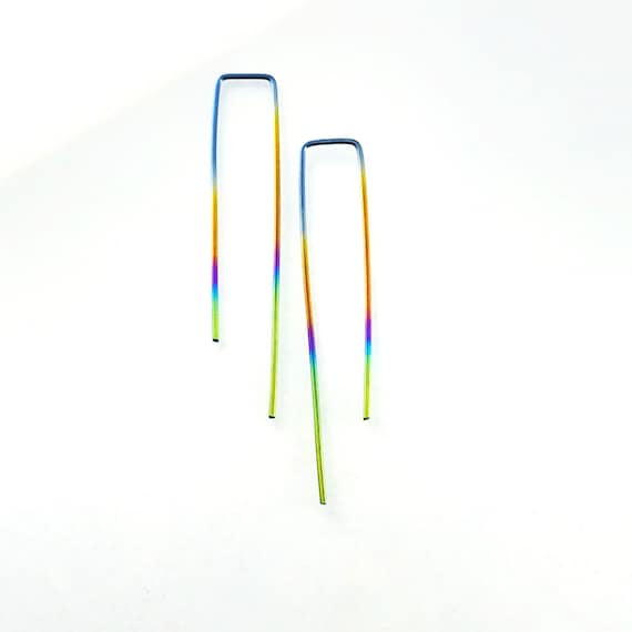 Rainbow niobium earrings | long niobium threader | hypoallergenic earrings | peacock modern minimal contemporary nickel free No.00E144